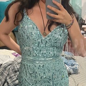 Sequined turquoise prom dress, new with tags.